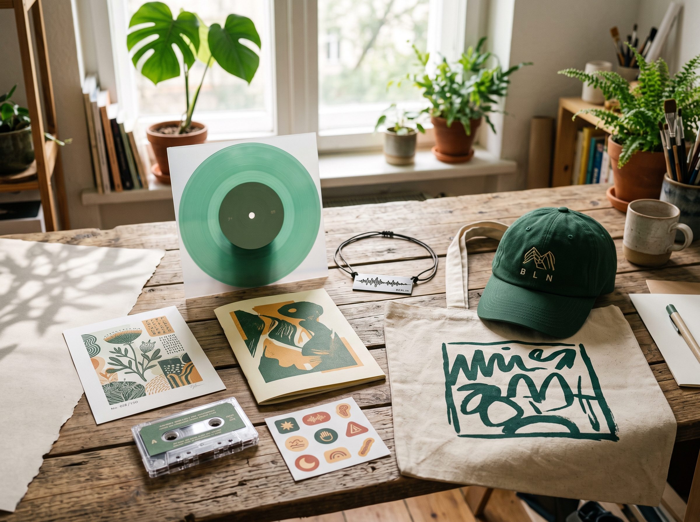 Conceptual arrangement of artist merchandise and music formats